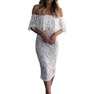 Grace Loves Lace Dominga Nude White Fringe Off Shoulder Midi Wedding Dress sz M
